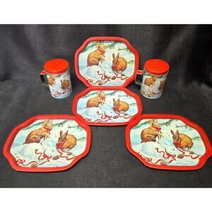 Christmas Bunnies Metal Trays & Salt n' Pepper Shaker Holiday Decor Serveware